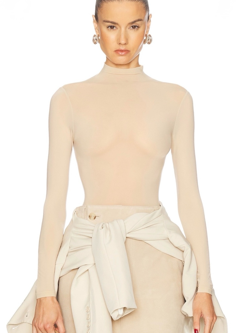 BRAND NEW Wolford Nude Stretch Mock Neck Long-Sleeve Bodysuit